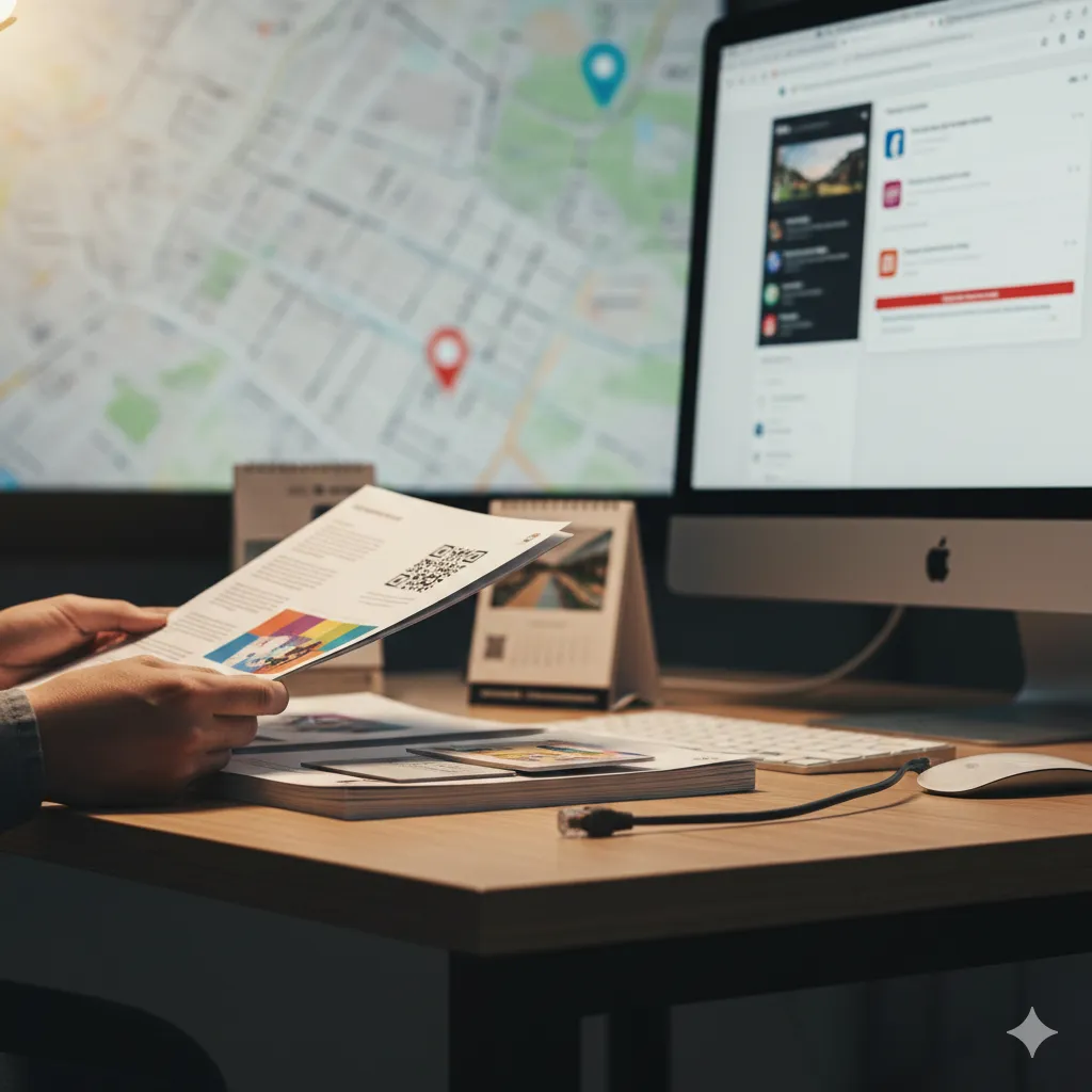 El Poder de la Impresión Física:Contraste entre un folleto de marketing impreso y una pantalla digital, simbolizando el poder de la impresión en la era digital