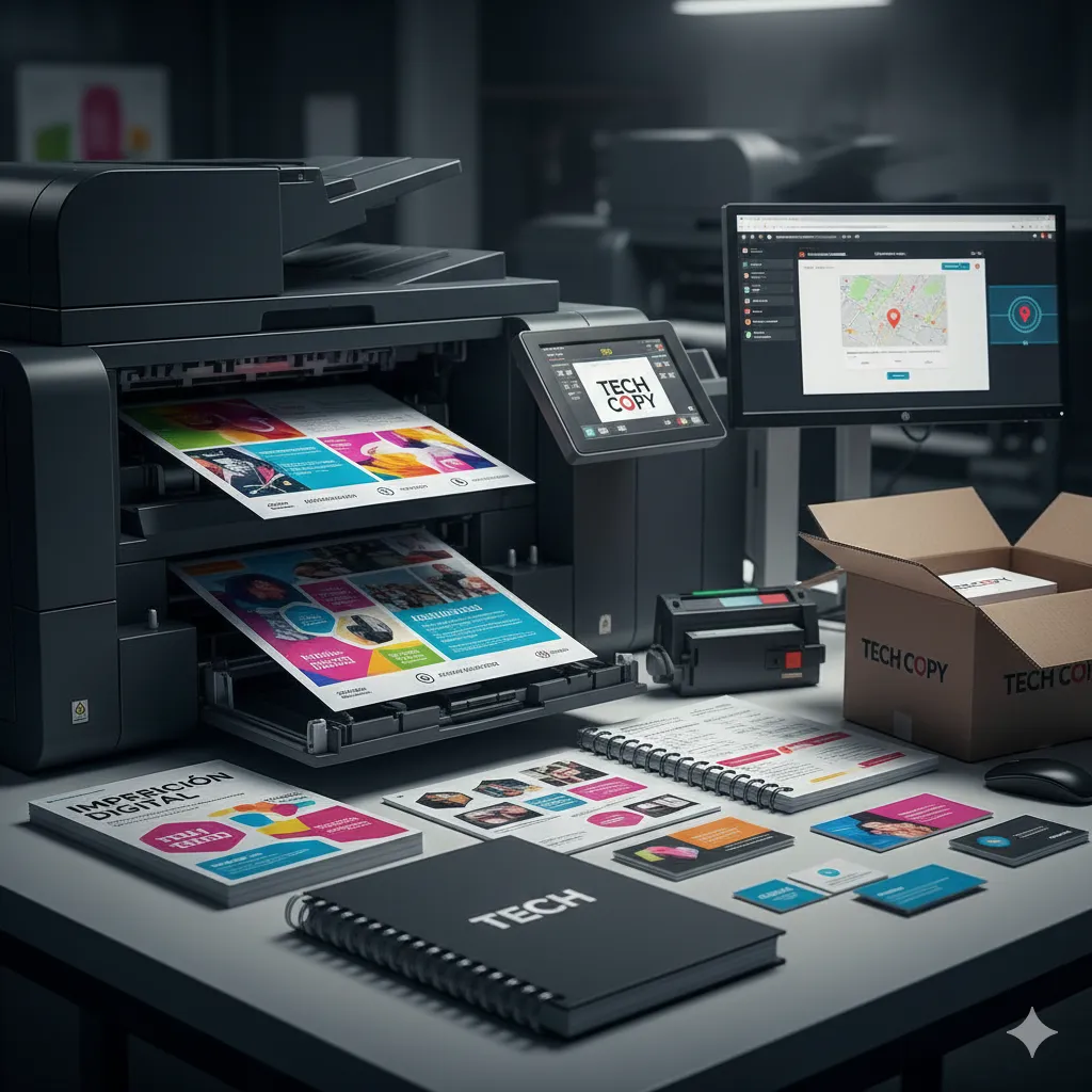 Máquina moderna de impresiones digital produciendo material impreso de alta calidad para copistería online