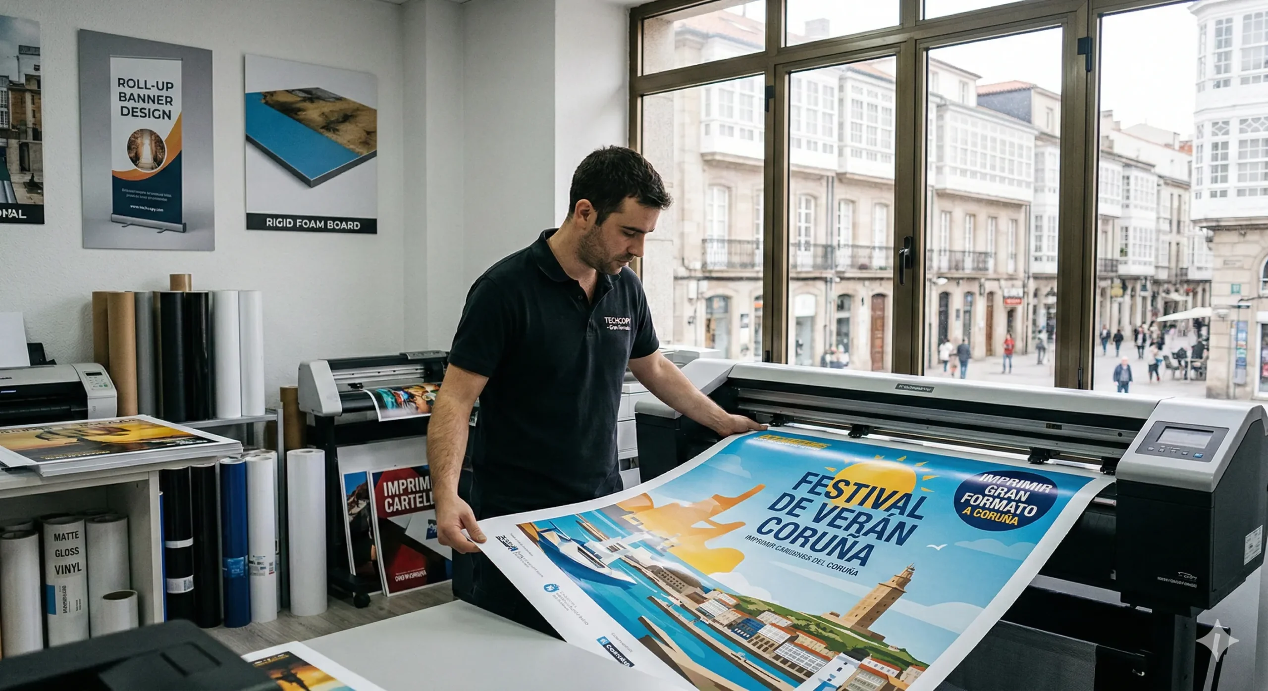 Operario de Techcopy revisando un póster de festival recién salido del plotter, destacando nuestro servicio para imprimir carteles A Coruña en gran formato, dentro de un taller con vistas a las tradicionales galerías de la ciudad.
