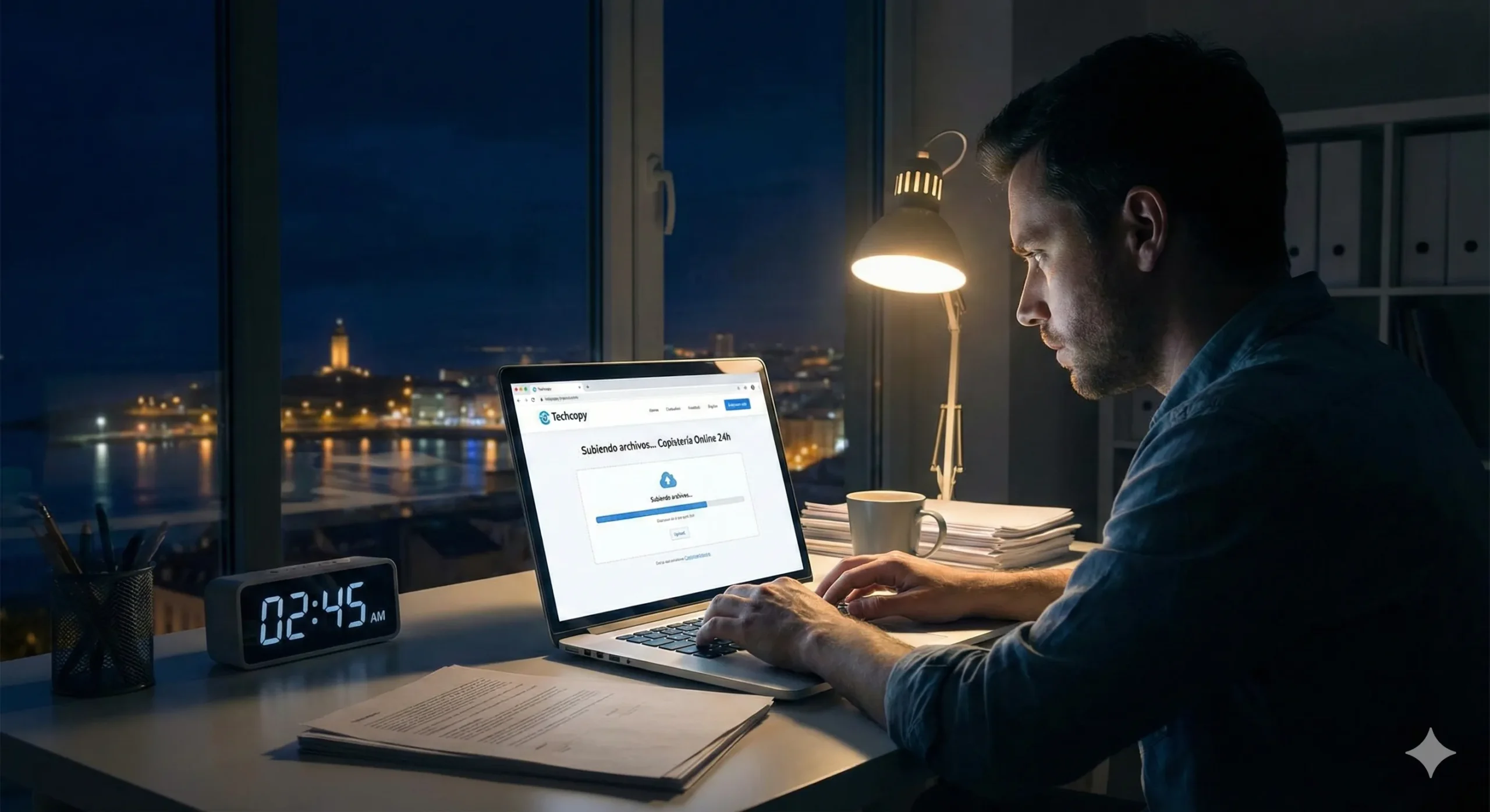 Estudiante o profesional frente a su portátil de madrugada enviando archivos a una copisteria online 24 horas para imprimir documentos urgentes, con la Torre de Hércules de A Coruña iluminada al fondo