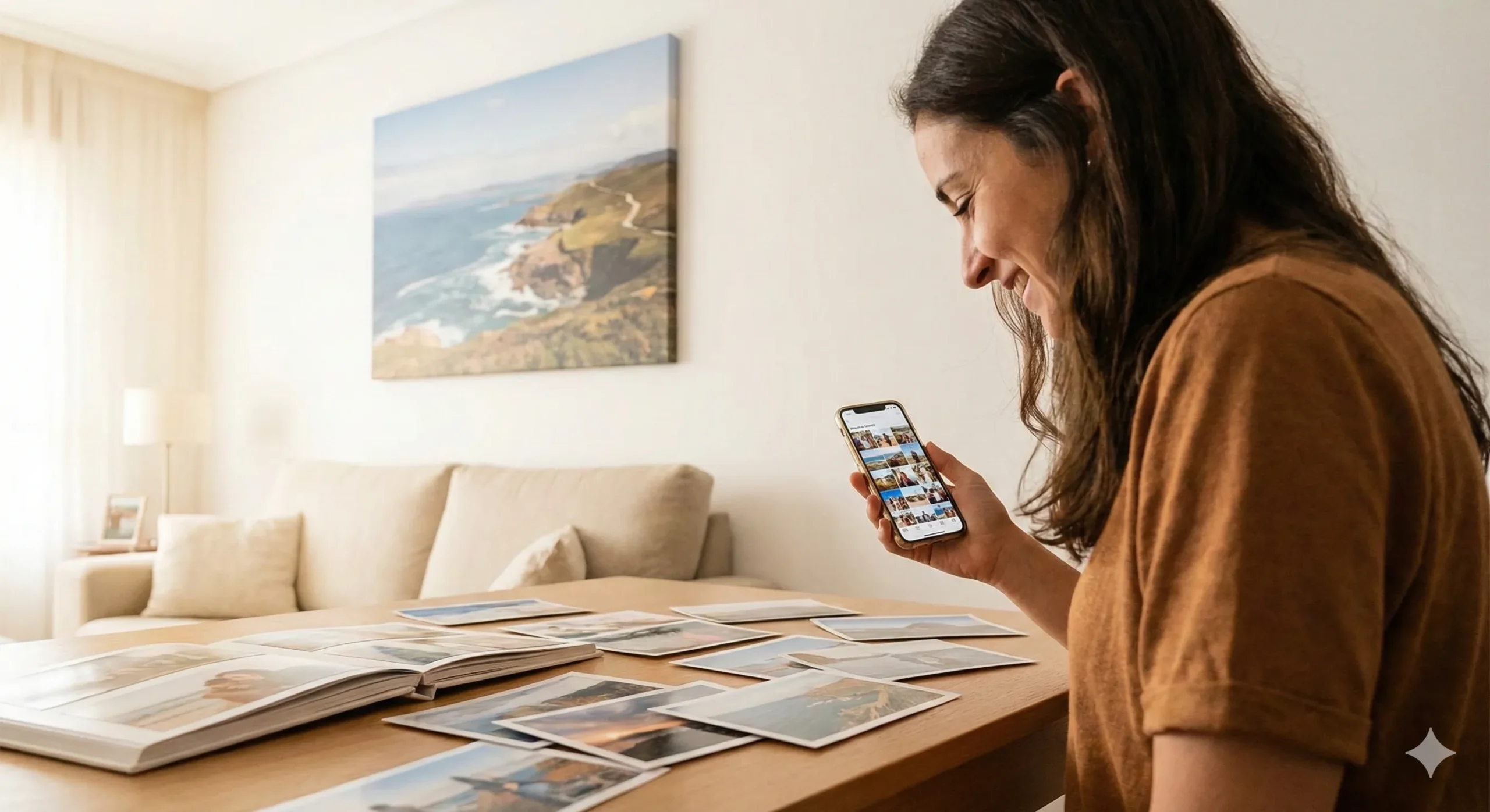 Mujer sonriente en A Coruña mirando fotos impresas de alta calidad solicitadas desde su teléfono móvil.