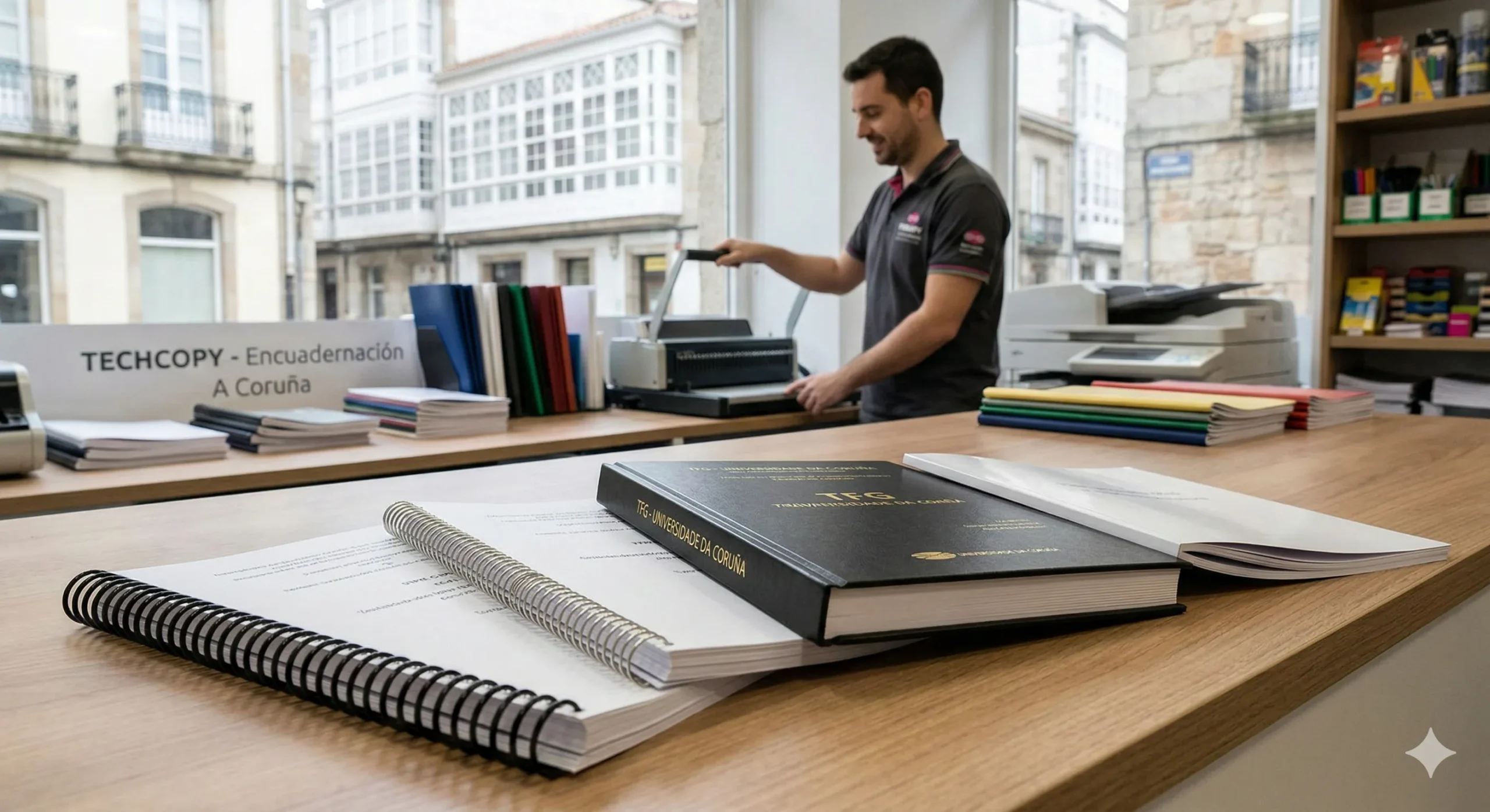 Primer plano de varios documentos encuadernados, incluyendo un TFG de la Universidade da Coruña en tapa dura, espiral y Wire-O, con un empleado operando una máquina encuadernadora al fondo en una copistería en A Coruña.