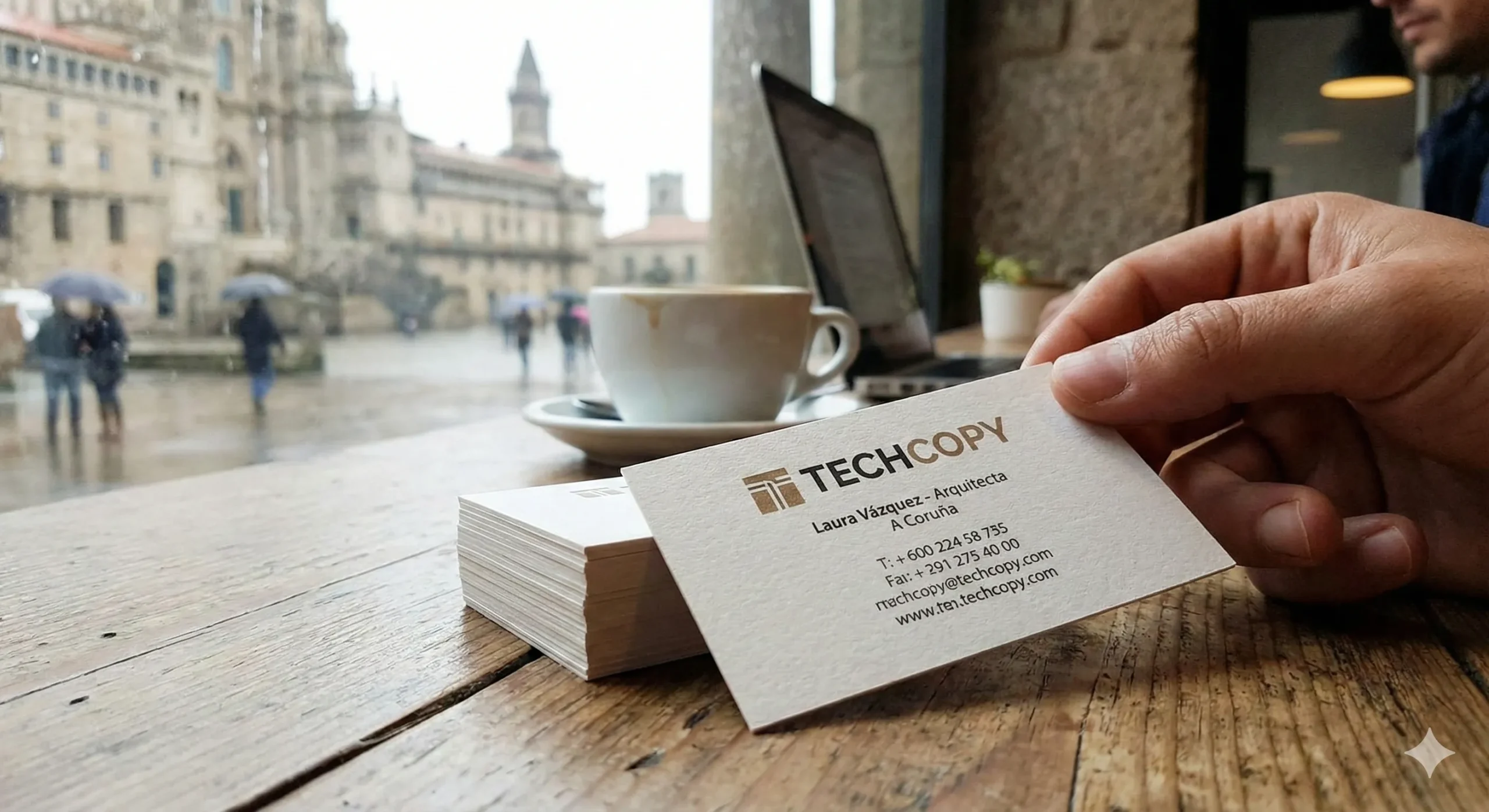 Mano de un profesional sosteniendo una tarjeta de visita elegante con acabado premium en una cafetería con vistas a la ciudad de A Coruña.