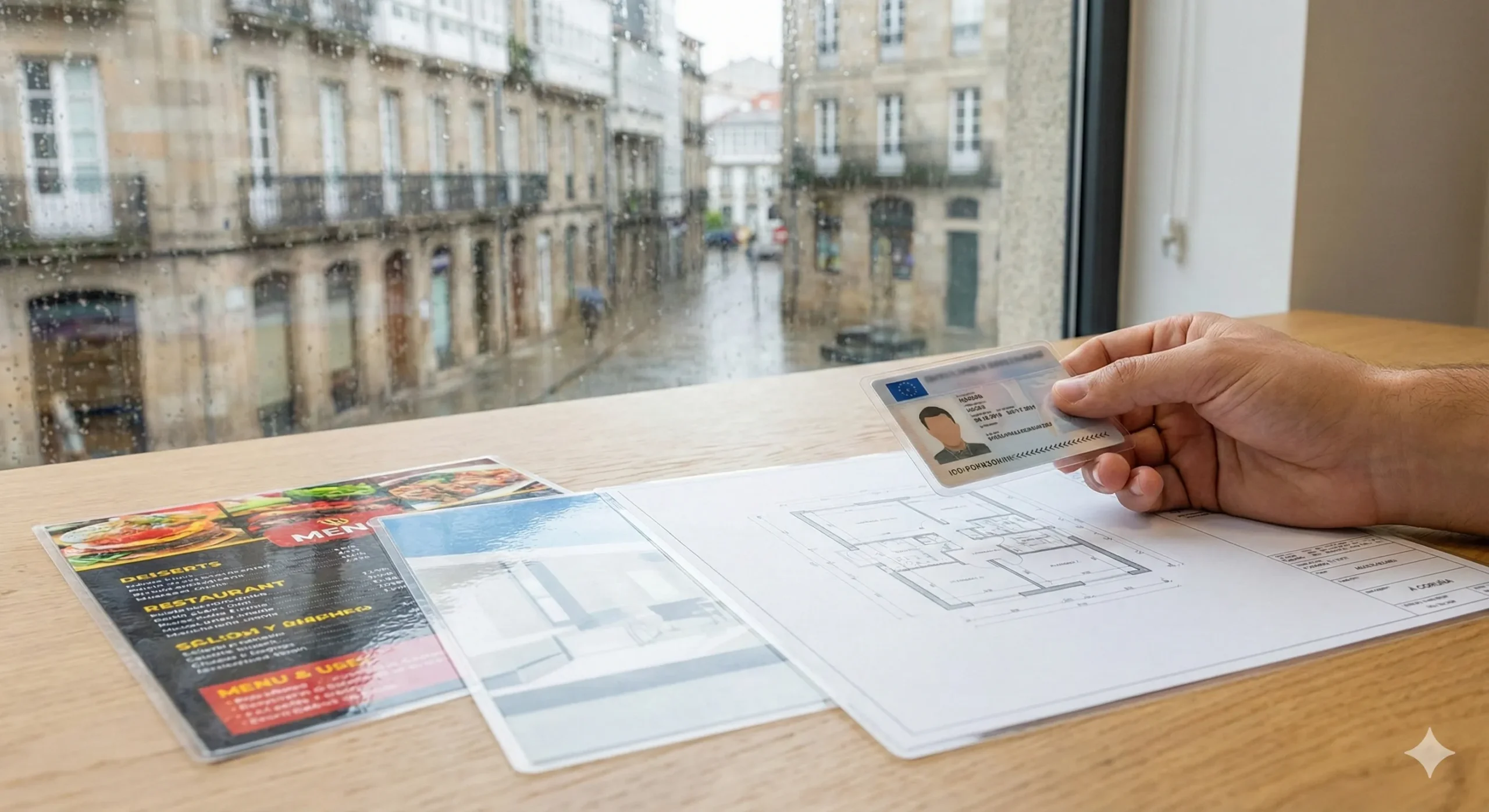Detalle de mano sosteniendo una tarjeta identificativa plastificada junto a un menú de restaurante y un plano de arquitectura protegidos sobre una mesa frente a una ventana lluviosa en A Coruña.