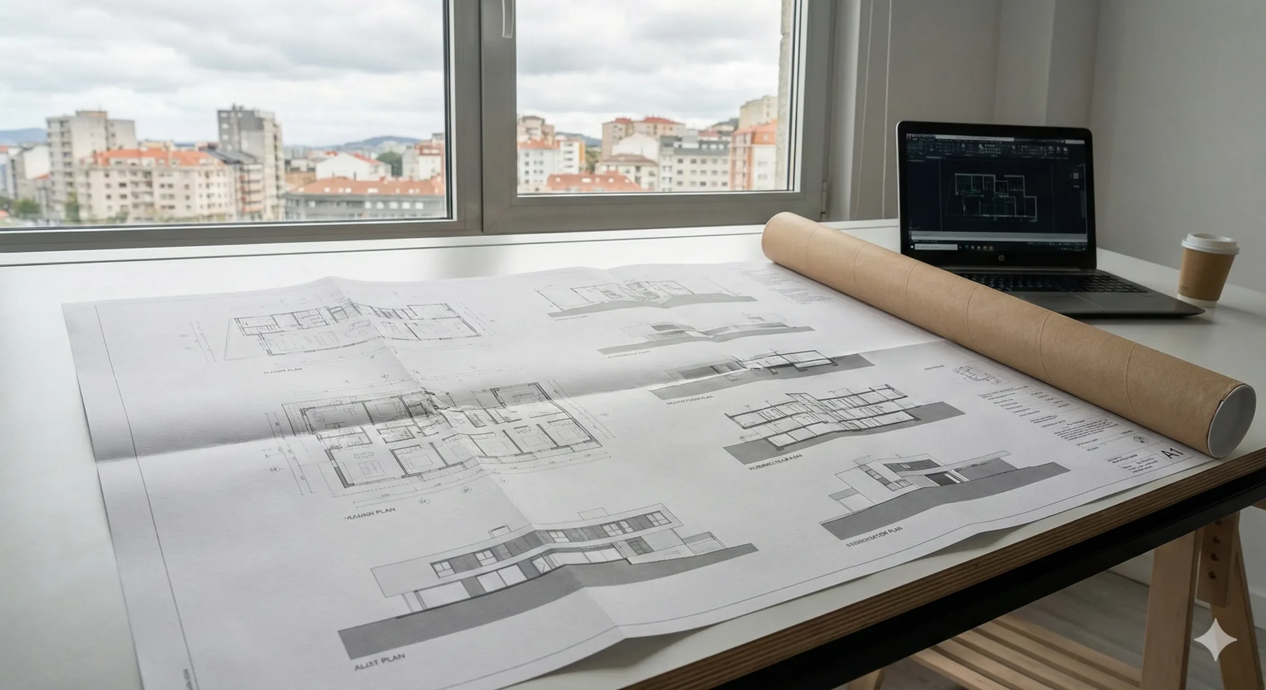 Plano arquitectónico de gran formato impreso desplegado sobre un escritorio de estudio junto a un tubo portaplanos y un portátil en A Coruña.