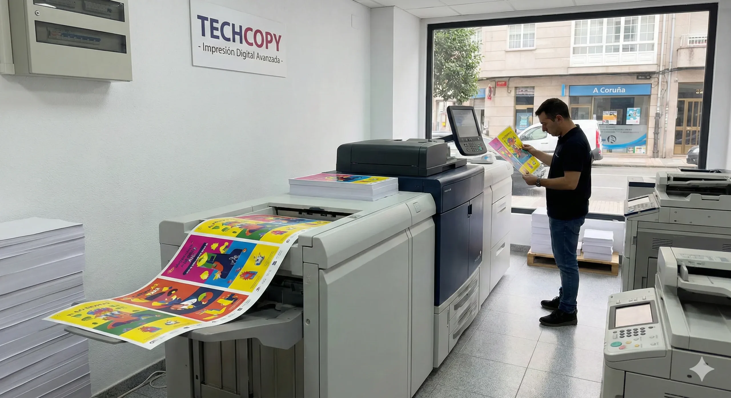 Operario revisando la calidad de color de unos carteles recién salidos de una máquina profesional de impresiones digital en el taller de Techcopy en A Coruña.
