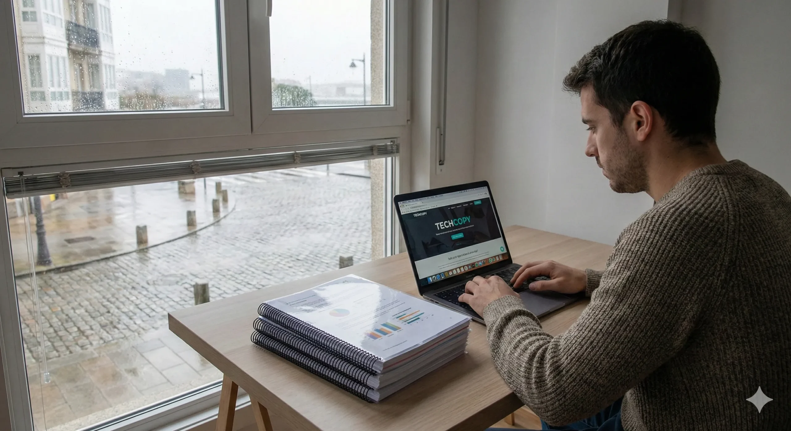 Joven profesional revisando documentos impresos de alta calidad en A Coruña tras recibirlos de Techcopy.