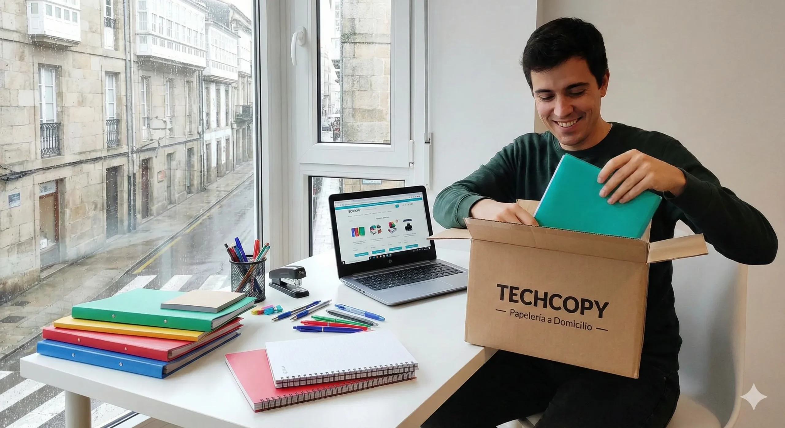 Joven teletrabajador sonriente abriendo una caja de pedido de papelería a domicilio de Techcopy en su casa en A Coruña.