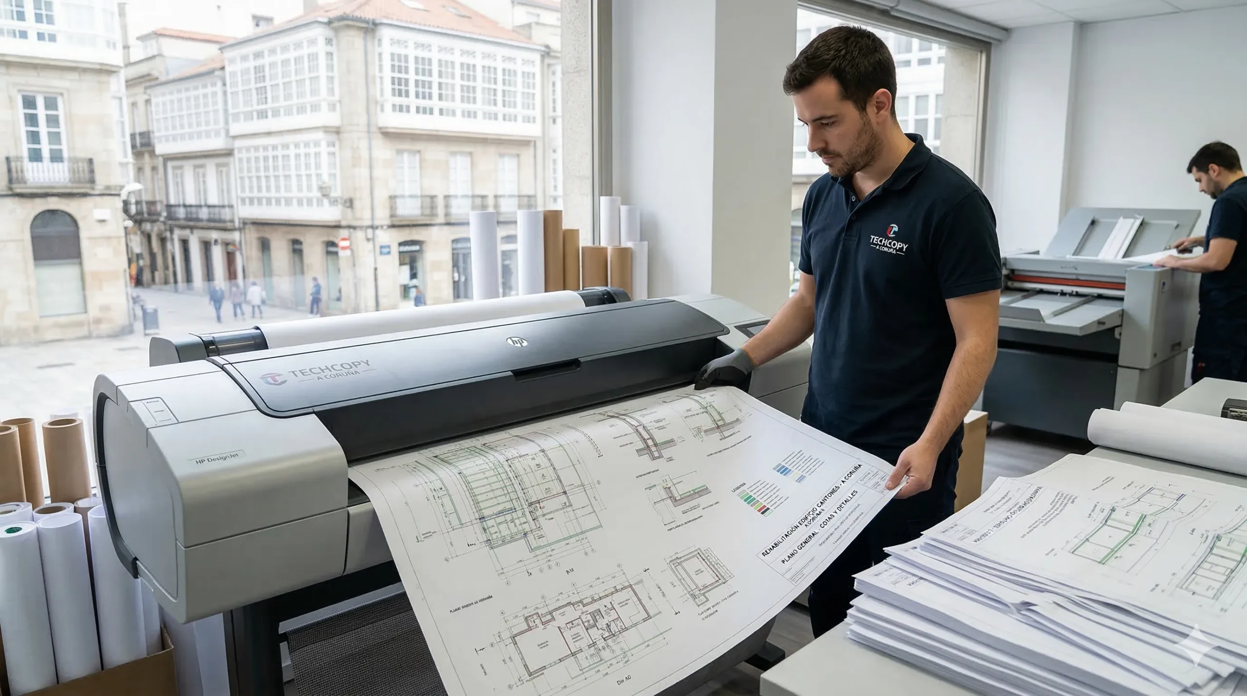 Text): Plotter industrial realizando una impresion de planos A Coruña con máxima nitidez de líneas para un proyecto de arquitectura detallado en nuestra copistería técnica local.
